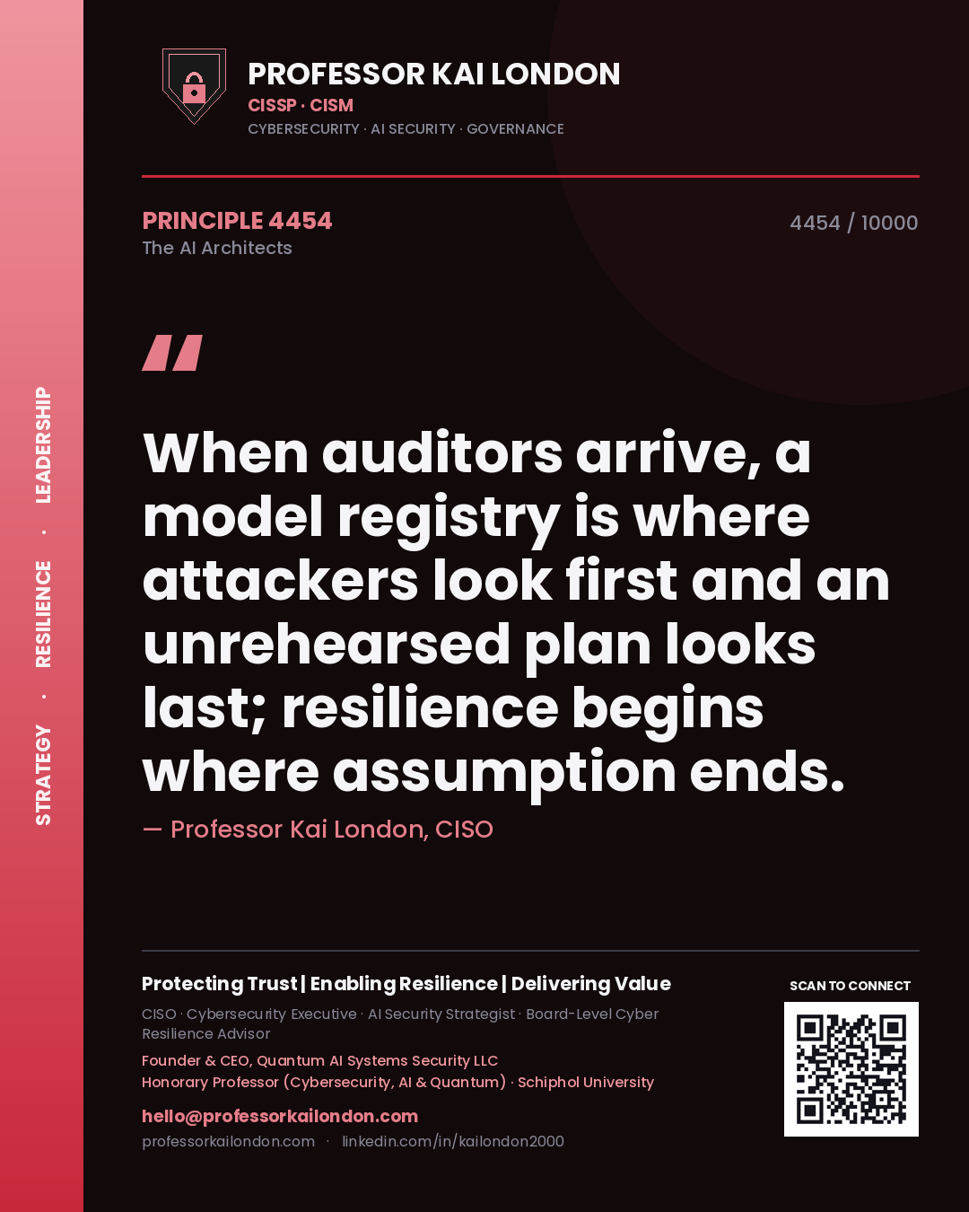 Quote card by Professor Kai London reading 'When auditors arrive, a model registry is where attackers look first and an unrehearsed plan looks last; resilience begins where assumption ends.'. From the book The AI Architects.