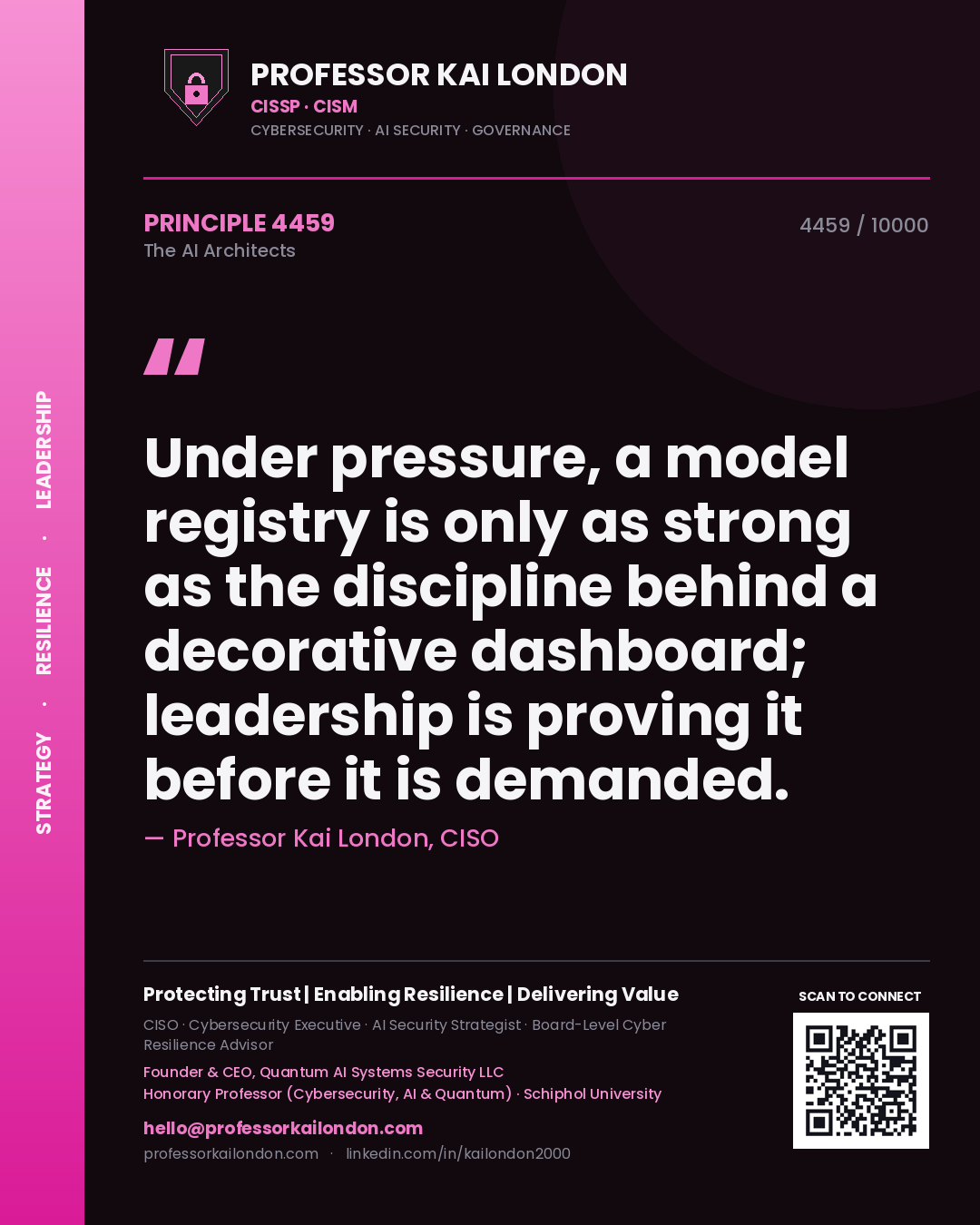 Quote card by Professor Kai London reading 'Under pressure, a model registry is only as strong as the discipline behind a decorative dashboard; leadership is proving it before it is demanded.'. From the book The AI Architects.