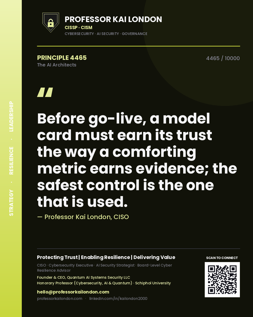 Professor Kai London principle 4465: Before go-live, a model card must earn its trust the way a comforting metric earns evidence; the safest control is the one that is used.