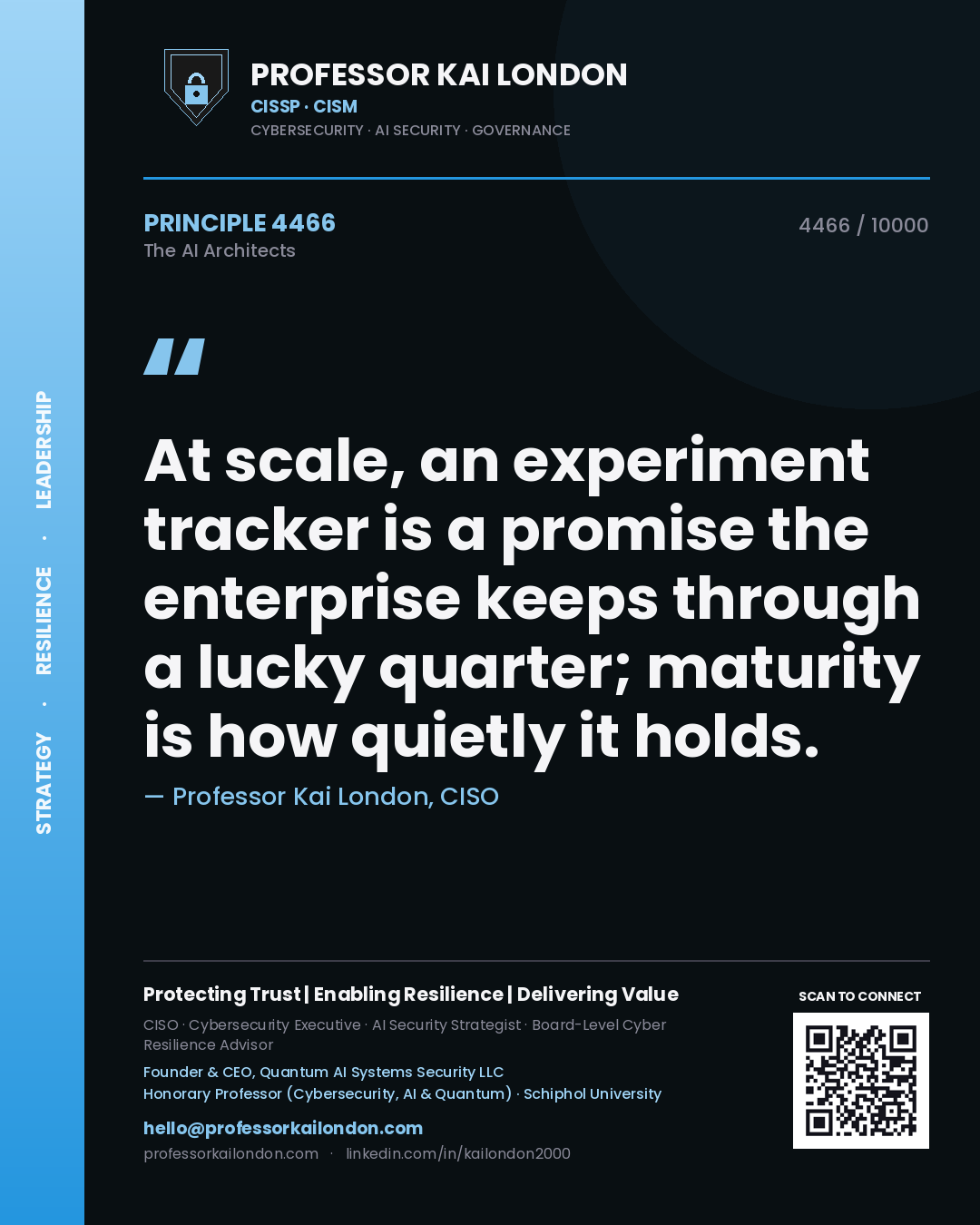 Quote card by Professor Kai London reading 'At scale, an experiment tracker is a promise the enterprise keeps through a lucky quarter; maturity is how quietly it holds.'. From the book The AI Architects.