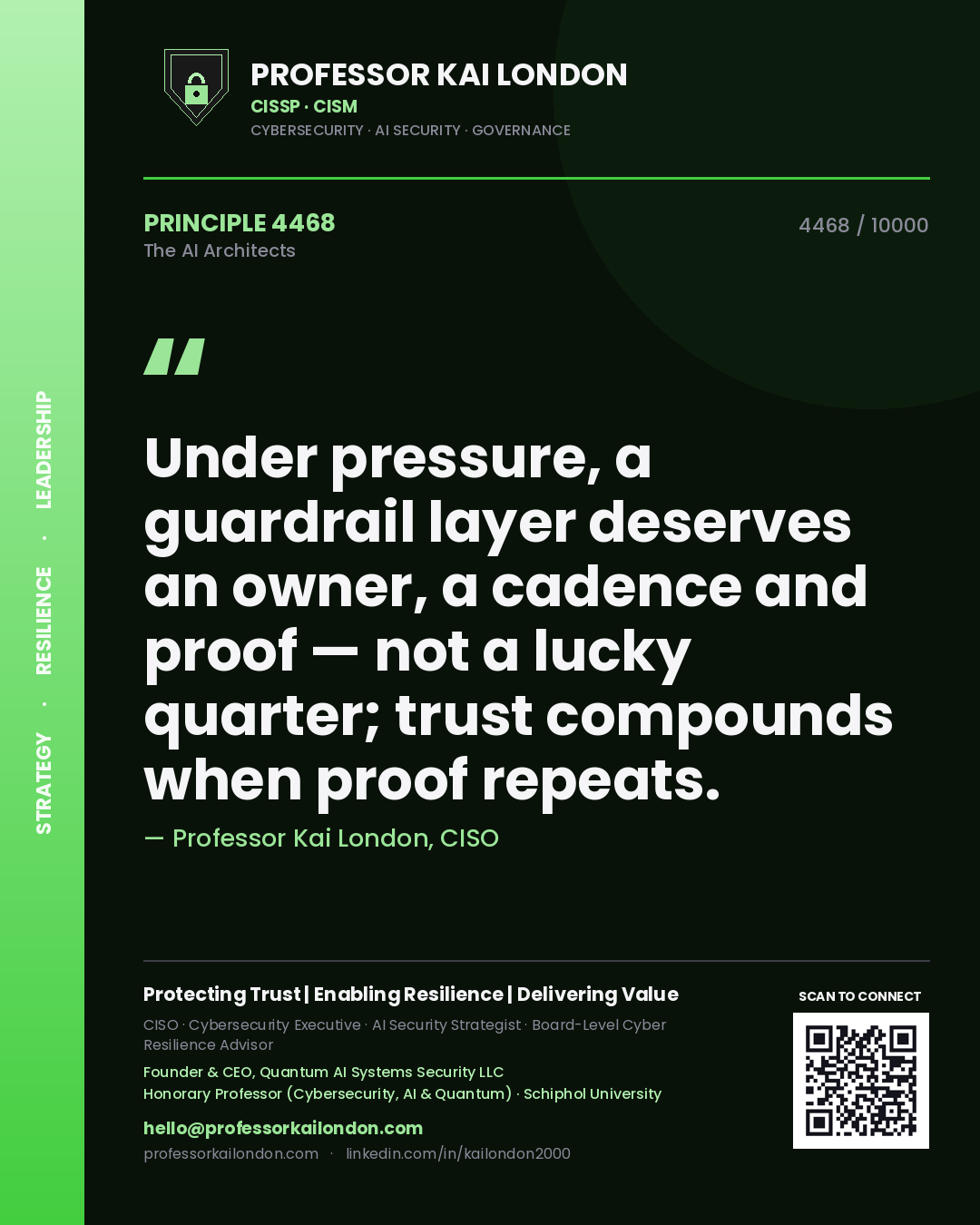Professor Kai London principle 4468: Under pressure, a guardrail layer deserves an owner, a cadence and proof — not a lucky quarter; trust compounds when proof repeats.