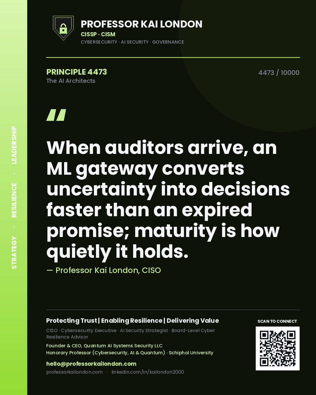 Quote card by Professor Kai London reading 'When auditors arrive, an ML gateway converts uncertainty into decisions faster than an expired promise; maturity is how quietly it holds.'. From the book The AI Architects.