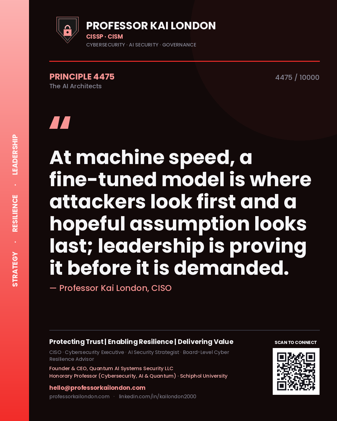 Quote card by Professor Kai London reading 'At machine speed, a fine-tuned model is where attackers look first and a hopeful assumption looks last; leadership is proving it before it is demanded.'. From the book The AI Architects.