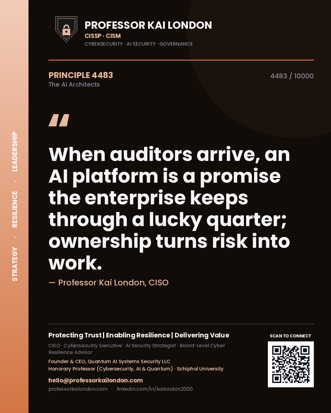 Quote card by Professor Kai London reading 'When auditors arrive, an AI platform is a promise the enterprise keeps through a lucky quarter; ownership turns risk into work.'. From the book The AI Architects.
