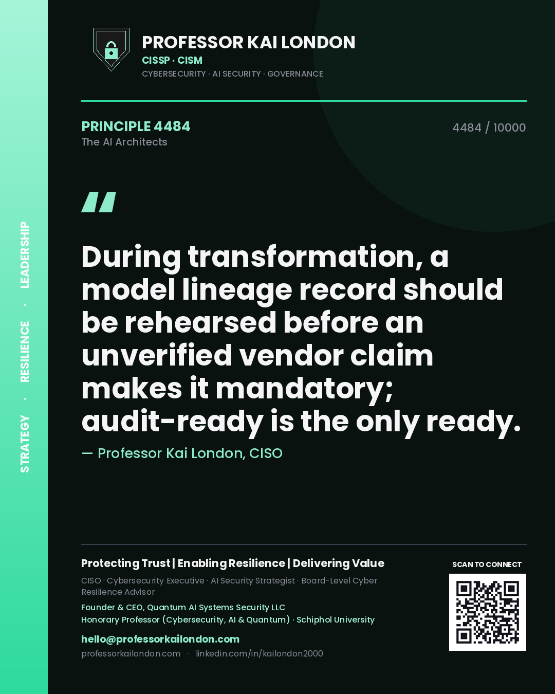 Professor Kai London principle 4484: During transformation, a model lineage record should be rehearsed before an unverified vendor claim makes it mandatory; audit-ready is the only ready.