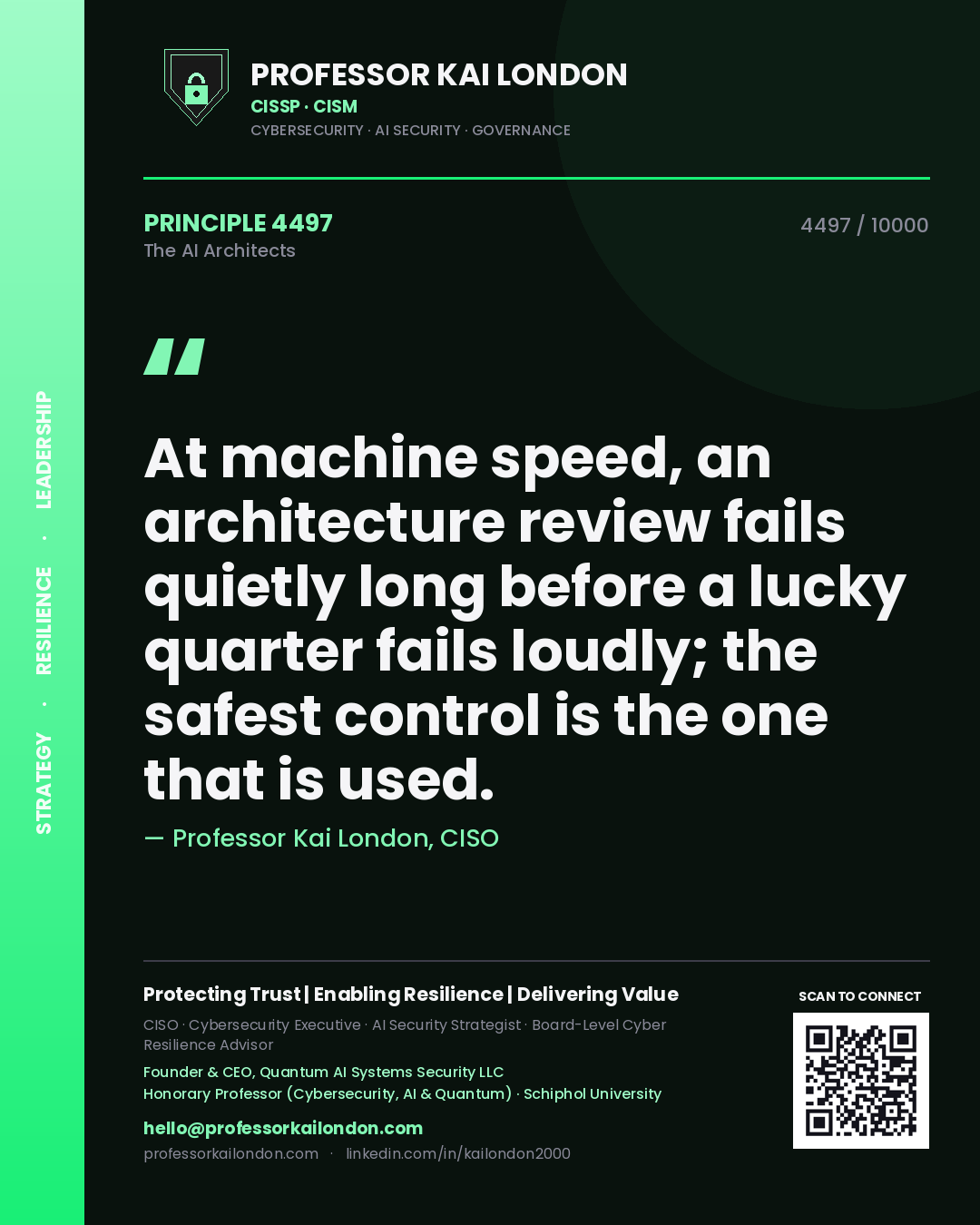 Professor Kai London principle 4497: At machine speed, an architecture review fails quietly long before a lucky quarter fails loudly; the safest control is the one that is used.