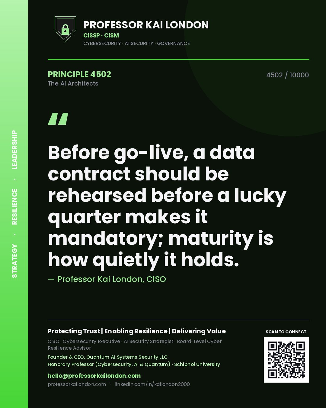 Professor Kai London principle 4502: Before go-live, a data contract should be rehearsed before a lucky quarter makes it mandatory; maturity is how quietly it holds.