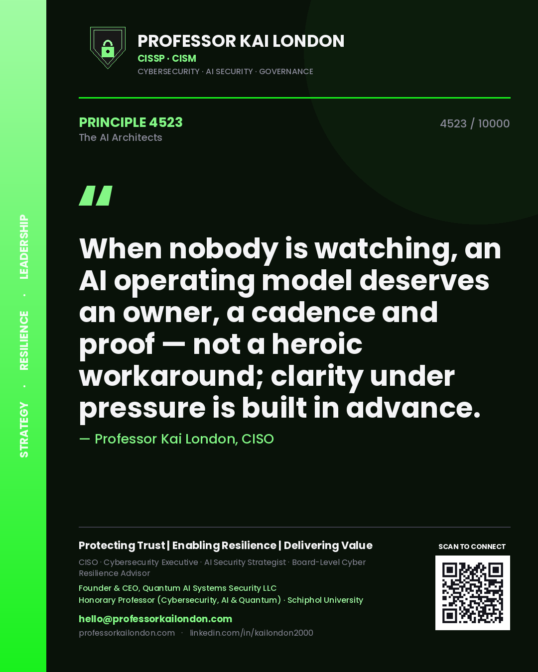 Quote card by Professor Kai London reading 'When nobody is watching, an AI operating model deserves an owner, a cadence and proof — not a heroic workaround; clarity under pressure is built in advance.'. From the book The AI Architects.