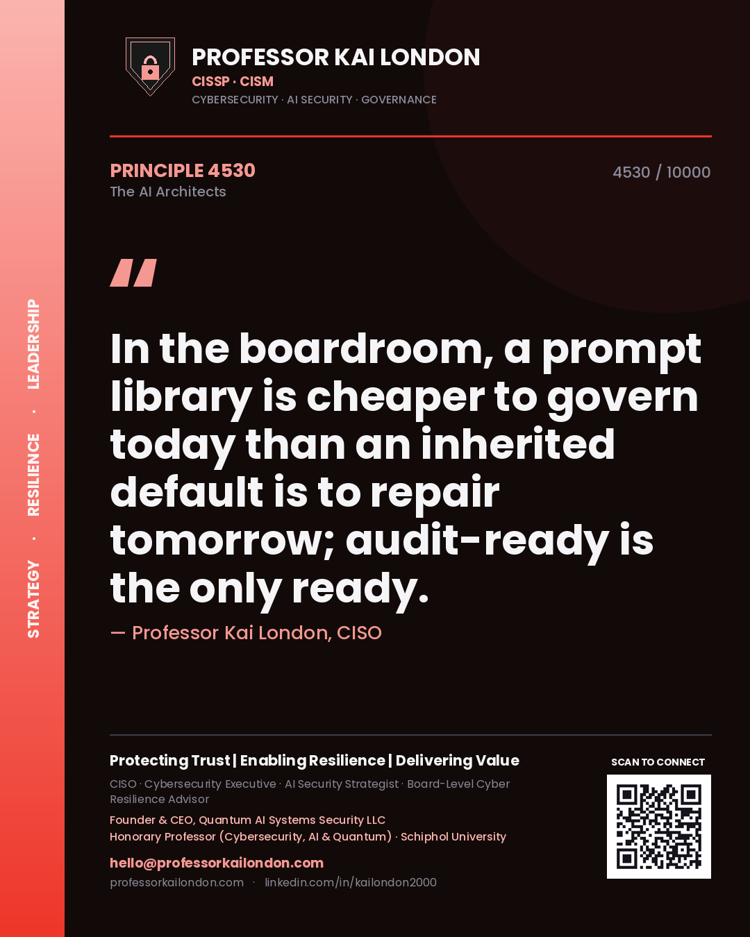 Professor Kai London principle 4530: In the boardroom, a prompt library is cheaper to govern today than an inherited default is to repair tomorrow; audit-ready is the only ready.