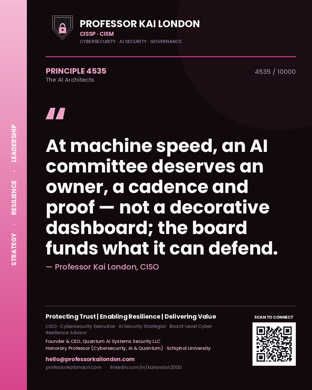 Professor Kai London principle 4535: At machine speed, an AI committee deserves an owner, a cadence and proof — not a decorative dashboard; the board funds what it can defend.