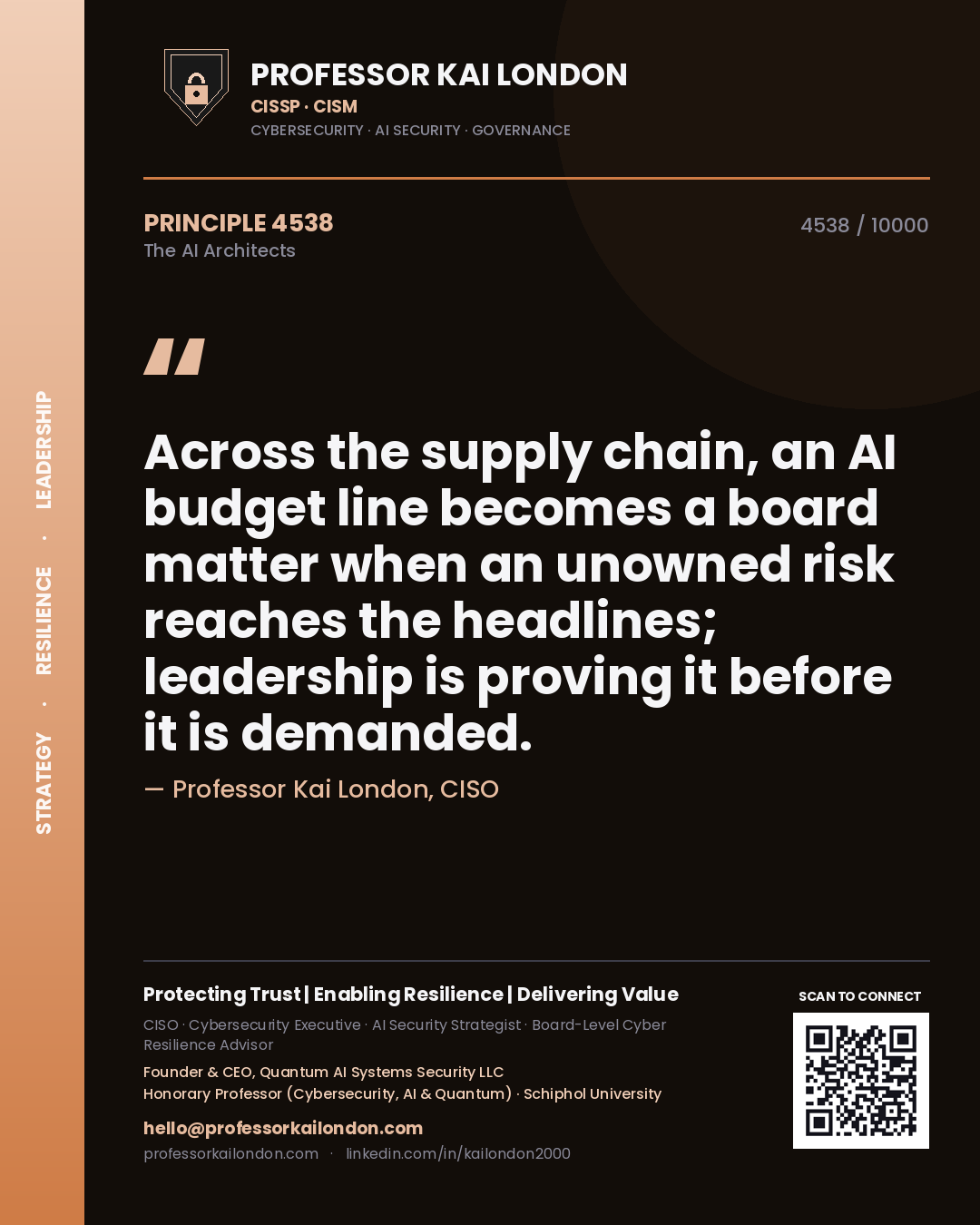 Quote card by Professor Kai London reading 'Across the supply chain, an AI budget line becomes a board matter when an unowned risk reaches the headlines; leadership is proving it before it is demanded.'. From the book The AI Architects.