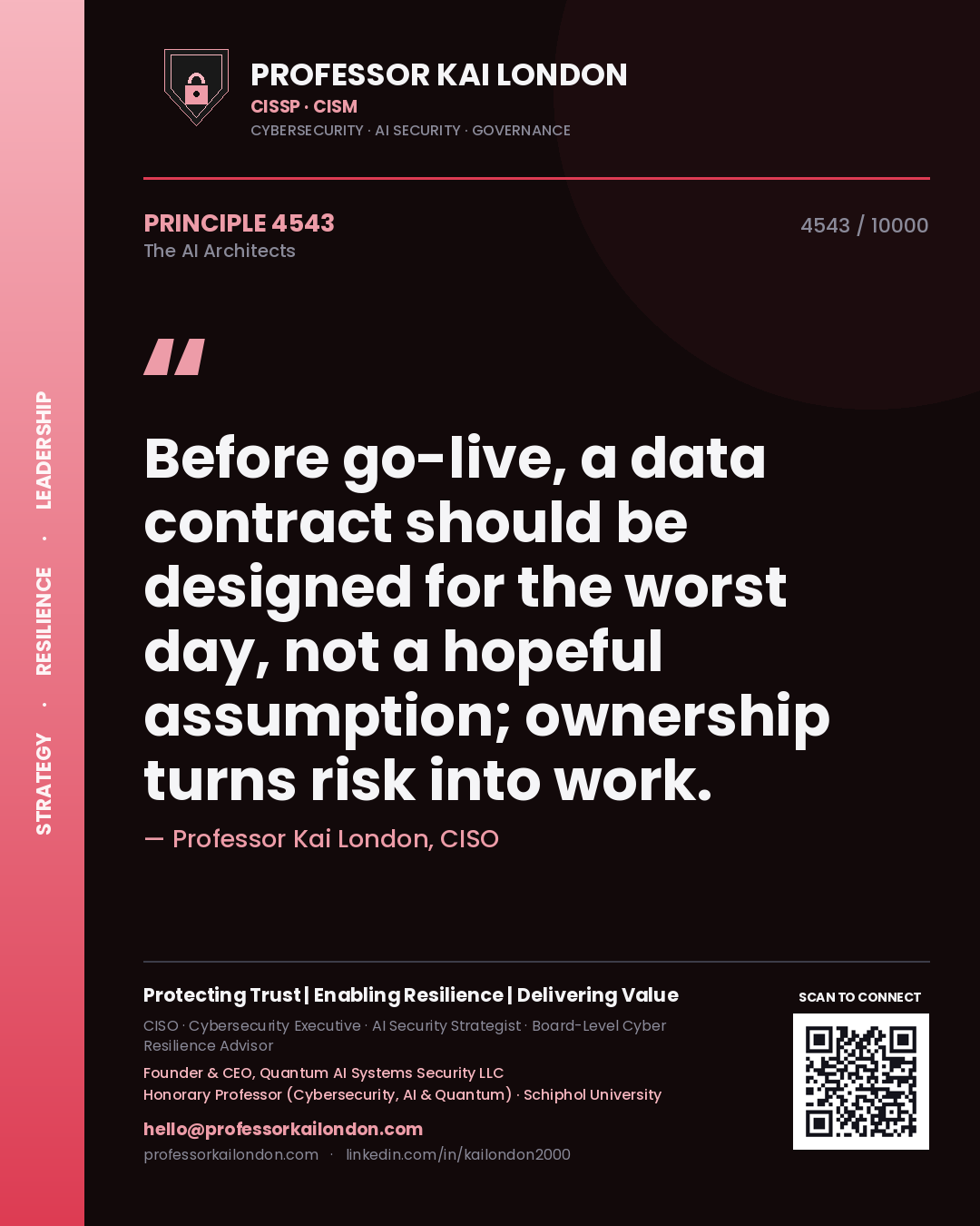 Professor Kai London principle 4543: Before go-live, a data contract should be designed for the worst day, not a hopeful assumption; ownership turns risk into work.