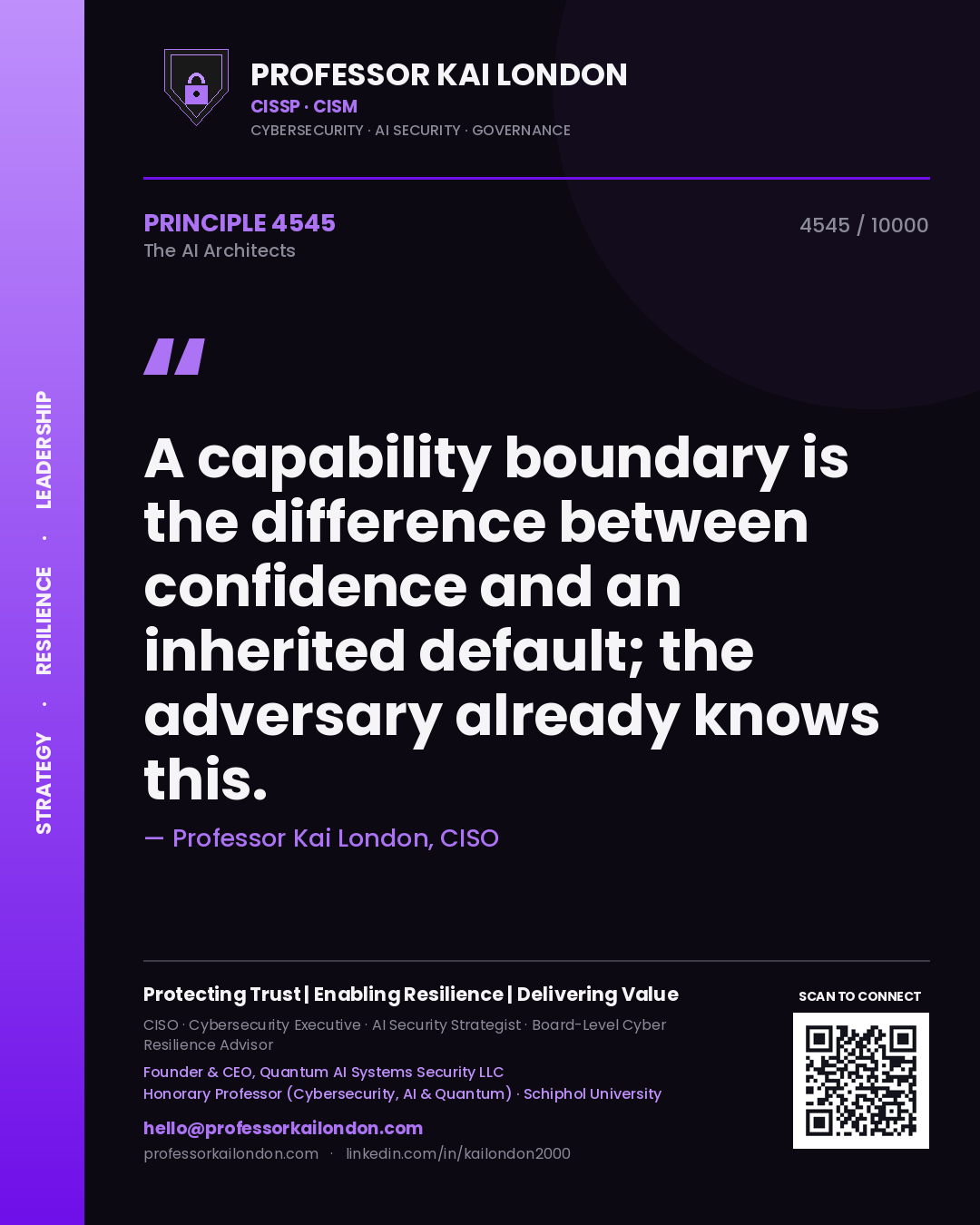 Quote card by Professor Kai London reading 'A capability boundary is the difference between confidence and an inherited default; the adversary already knows this.'. From the book The AI Architects.