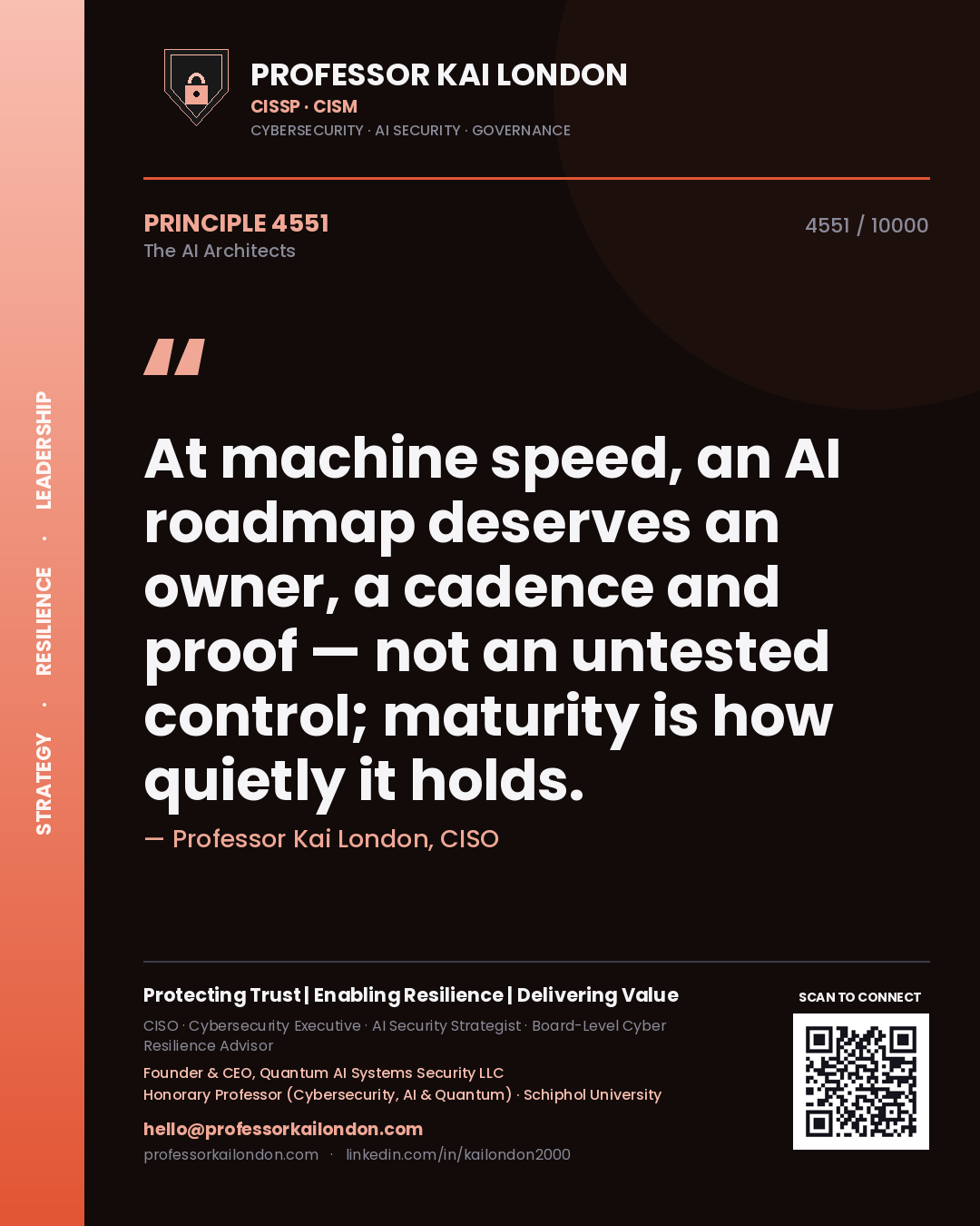 Professor Kai London principle 4551: At machine speed, an AI roadmap deserves an owner, a cadence and proof — not an untested control; maturity is how quietly it holds.