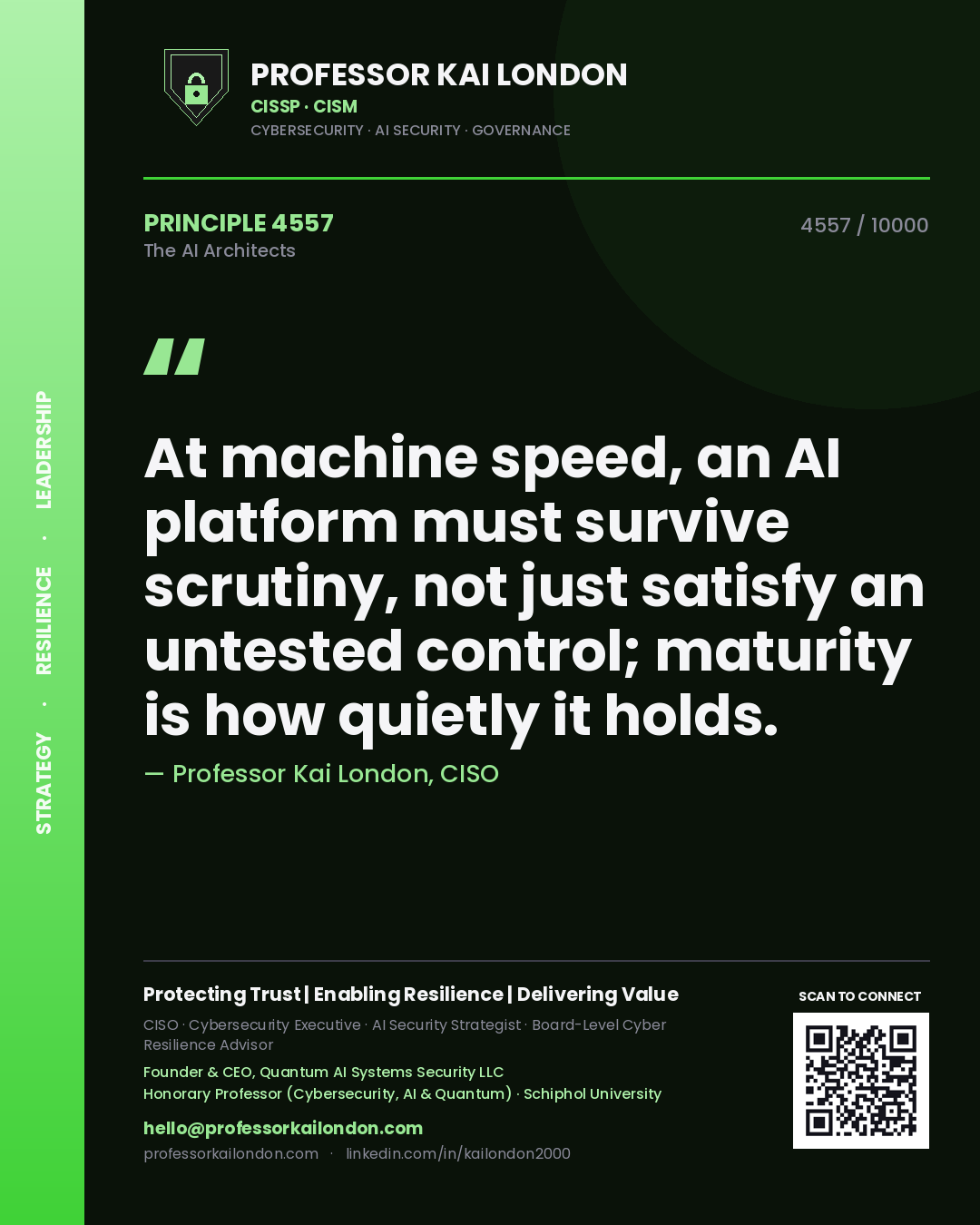 Quote card by Professor Kai London reading 'At machine speed, an AI platform must survive scrutiny, not just satisfy an untested control; maturity is how quietly it holds.'. From the book The AI Architects.