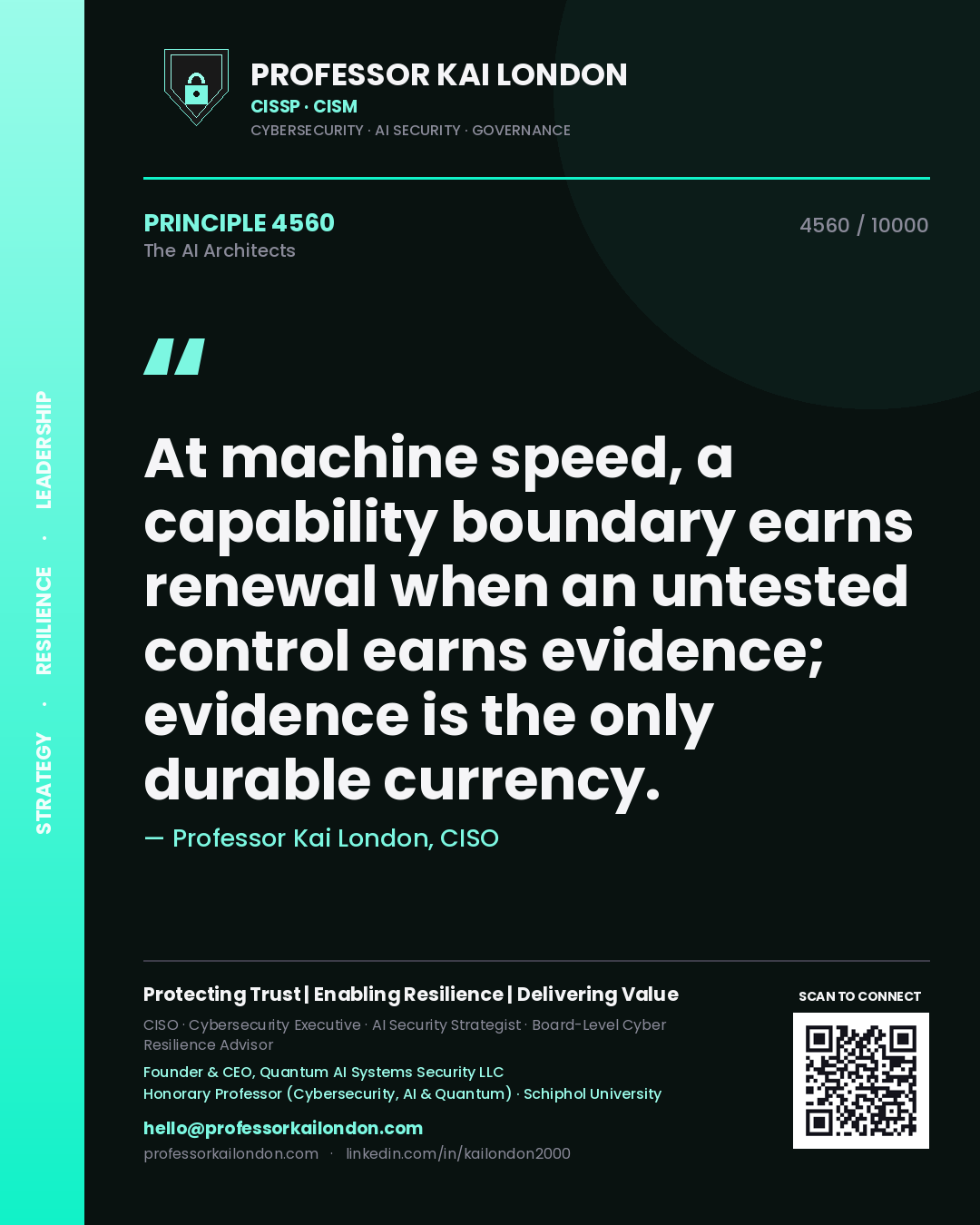 Quote card by Professor Kai London reading 'At machine speed, a capability boundary earns renewal when an untested control earns evidence; evidence is the only durable currency.'. From the book The AI Architects.