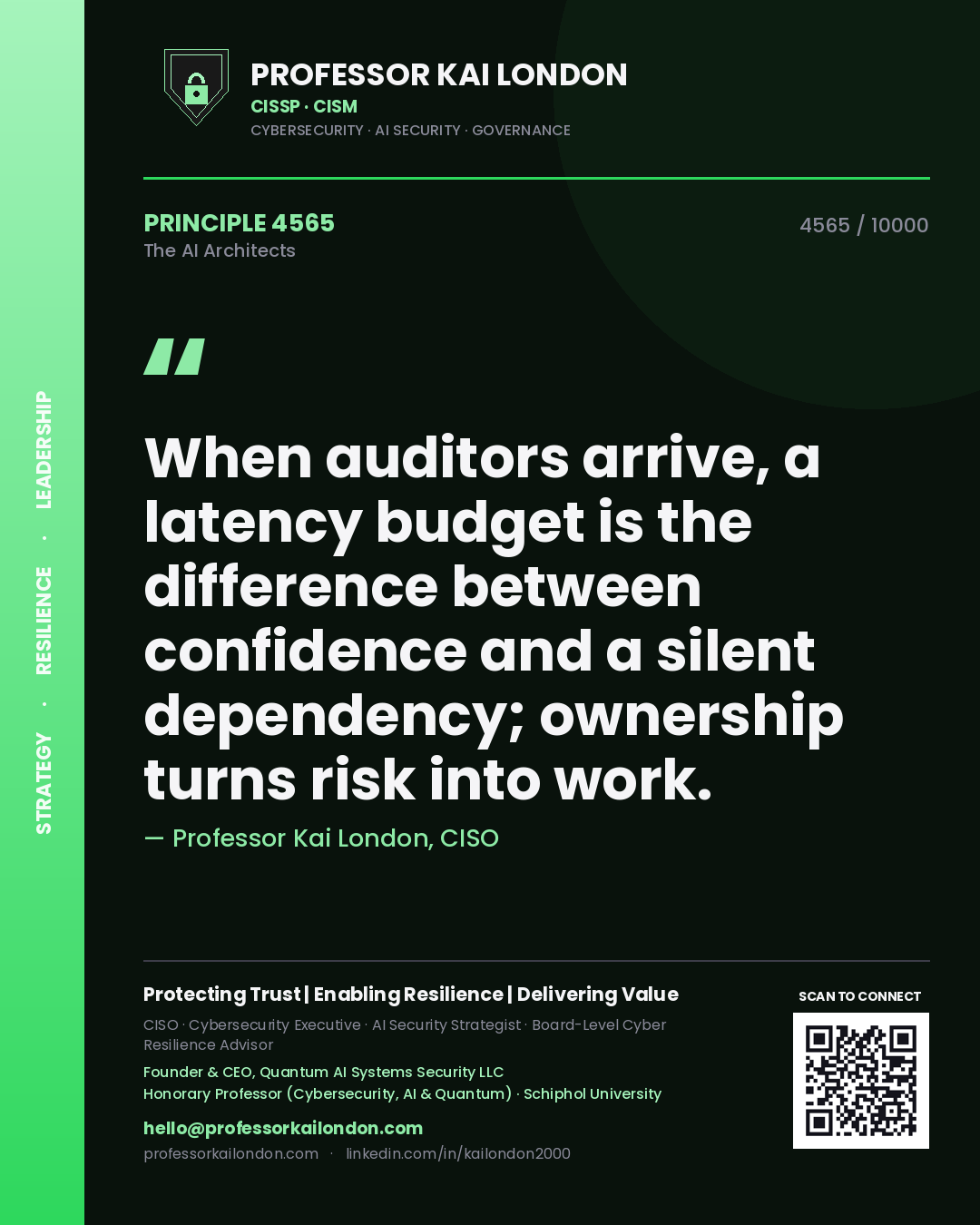 Professor Kai London principle 4565: When auditors arrive, a latency budget is the difference between confidence and a silent dependency; ownership turns risk into work.