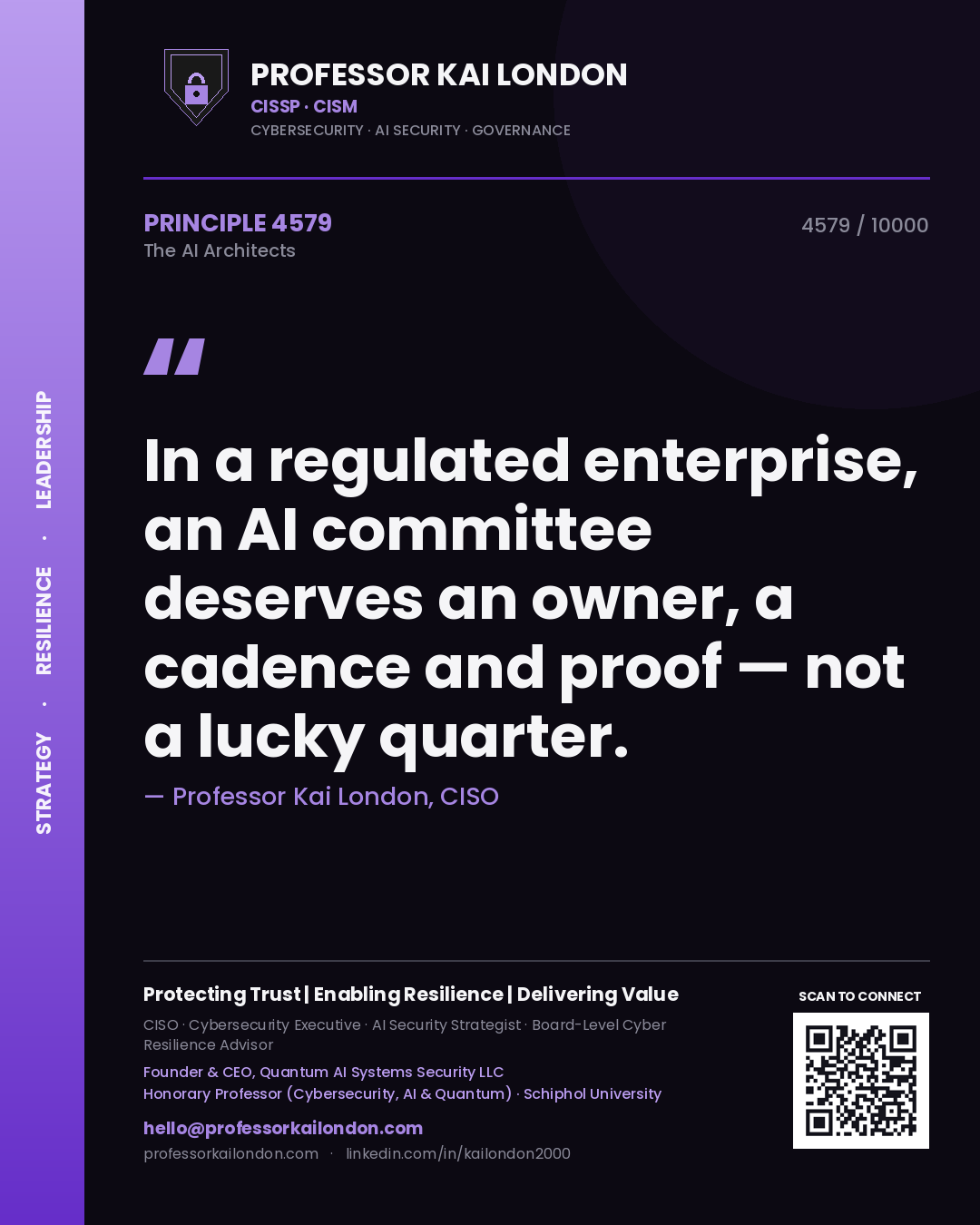 Professor Kai London principle 4579: In a regulated enterprise, an AI committee deserves an owner, a cadence and proof — not a lucky quarter.