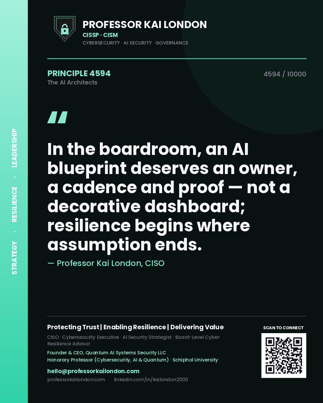 Quote card by Professor Kai London reading 'In the boardroom, an AI blueprint deserves an owner, a cadence and proof — not a decorative dashboard; resilience begins where assumption ends.'. From the book The AI Architects.