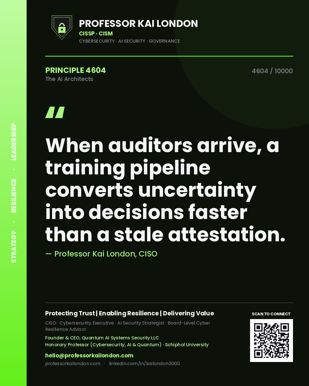 Quote card by Professor Kai London reading 'When auditors arrive, a training pipeline converts uncertainty into decisions faster than a stale attestation.'. From the book The AI Architects.