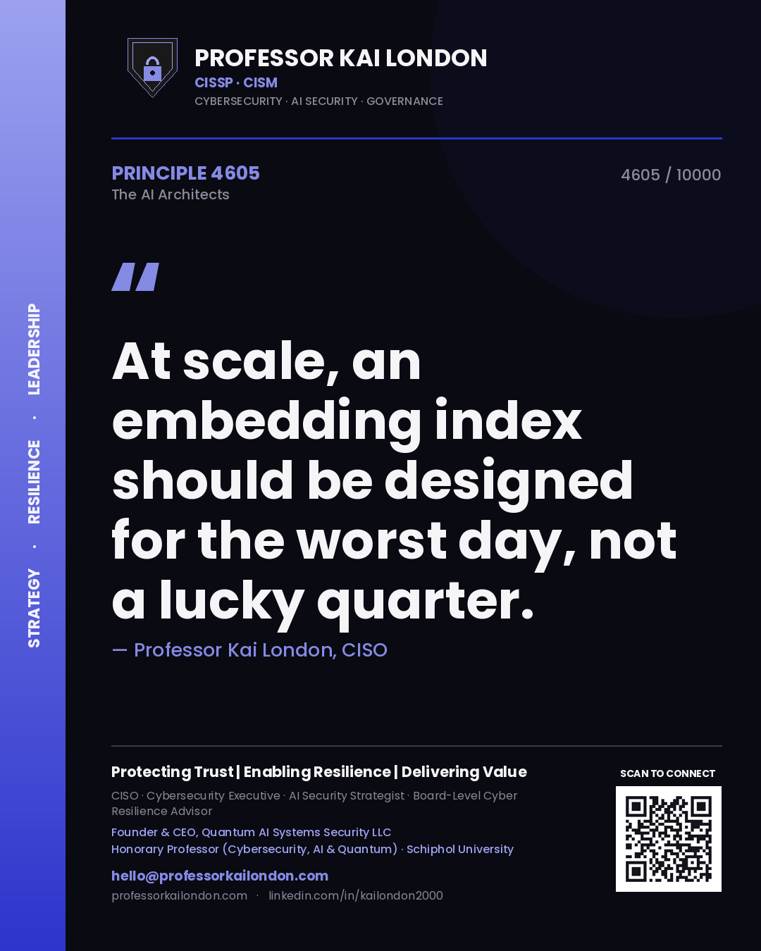 Quote card by Professor Kai London reading 'At scale, an embedding index should be designed for the worst day, not a lucky quarter.'. From the book The AI Architects.
