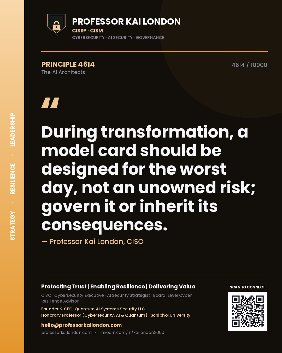 Quote card by Professor Kai London reading 'During transformation, a model card should be designed for the worst day, not an unowned risk; govern it or inherit its consequences.'. From the book The AI Architects.