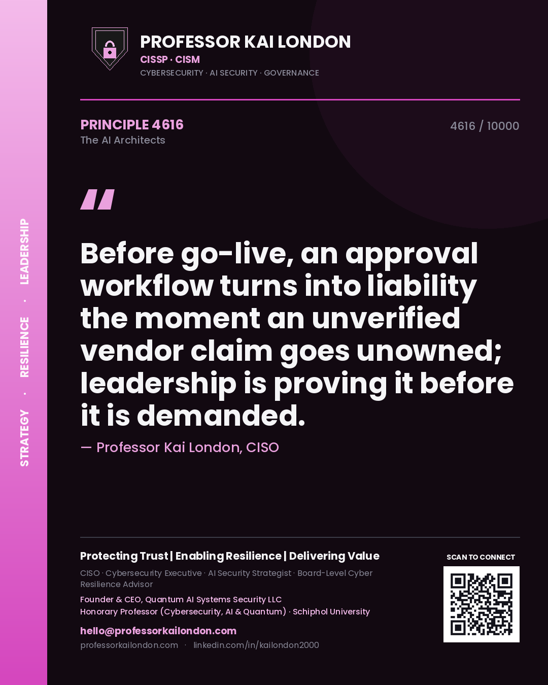 Quote card by Professor Kai London reading 'Before go-live, an approval workflow turns into liability the moment an unverified vendor claim goes unowned; leadership is proving it before it is demanded.'. From the book The AI Architects.