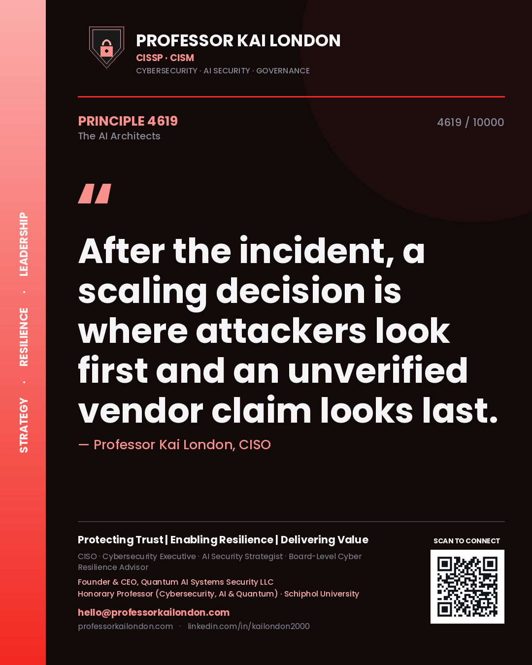 Quote card by Professor Kai London reading 'After the incident, a scaling decision is where attackers look first and an unverified vendor claim looks last.'. From the book The AI Architects.