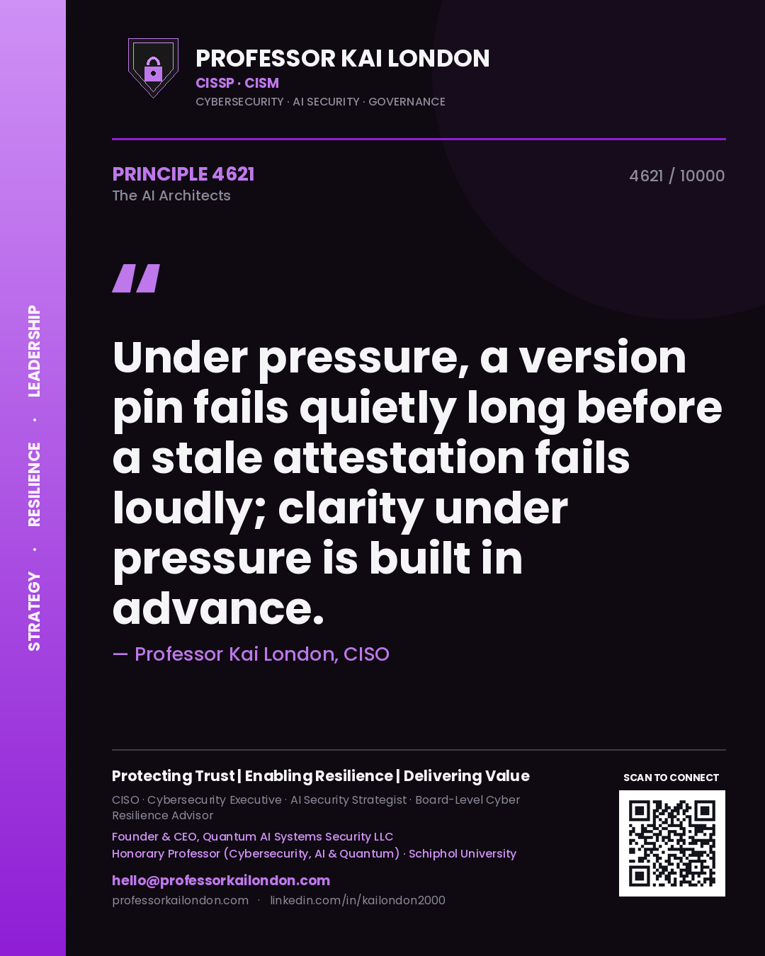 Quote card by Professor Kai London reading 'Under pressure, a version pin fails quietly long before a stale attestation fails loudly; clarity under pressure is built in advance.'. From the book The AI Architects.