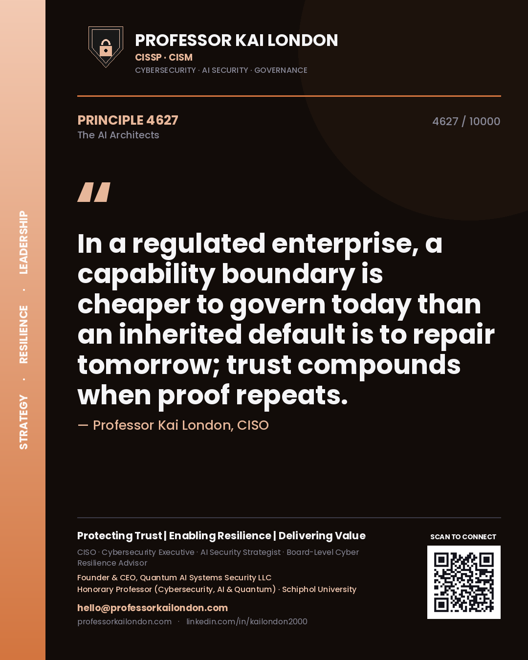 Quote card by Professor Kai London reading 'In a regulated enterprise, a capability boundary is cheaper to govern today than an inherited default is to repair tomorrow; trust compounds when proof repeats.'. From the book The AI Architects.