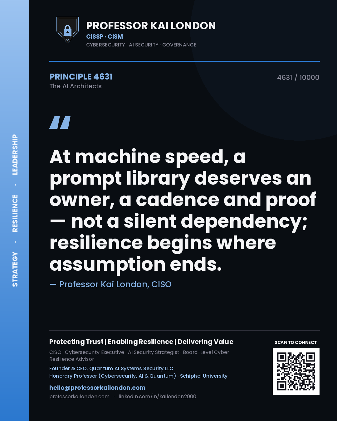 Quote card by Professor Kai London reading 'At machine speed, a prompt library deserves an owner, a cadence and proof — not a silent dependency; resilience begins where assumption ends.'. From the book The AI Architects.