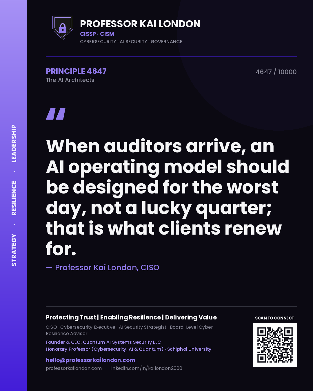 Quote card by Professor Kai London reading 'When auditors arrive, an AI operating model should be designed for the worst day, not a lucky quarter; that is what clients renew for.'. From the book The AI Architects.