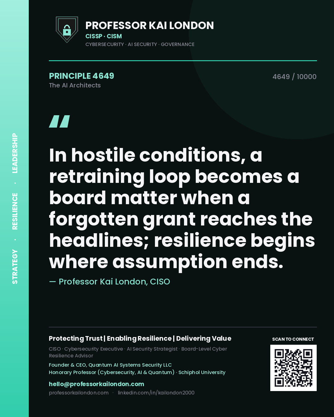 Quote card by Professor Kai London reading 'In hostile conditions, a retraining loop becomes a board matter when a forgotten grant reaches the headlines; resilience begins where assumption ends.'. From the book The AI Architects.