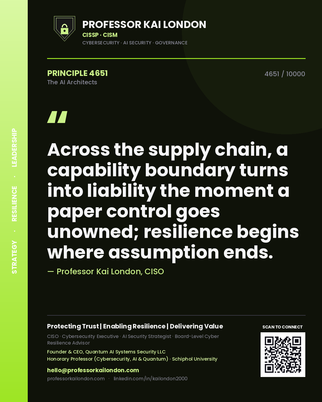 Quote card by Professor Kai London reading 'Across the supply chain, a capability boundary turns into liability the moment a paper control goes unowned; resilience begins where assumption ends.'. From the book The AI Architects.