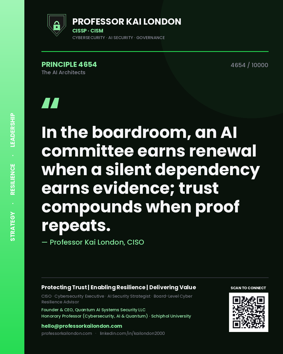 Quote card by Professor Kai London reading 'In the boardroom, an AI committee earns renewal when a silent dependency earns evidence; trust compounds when proof repeats.'. From the book The AI Architects.