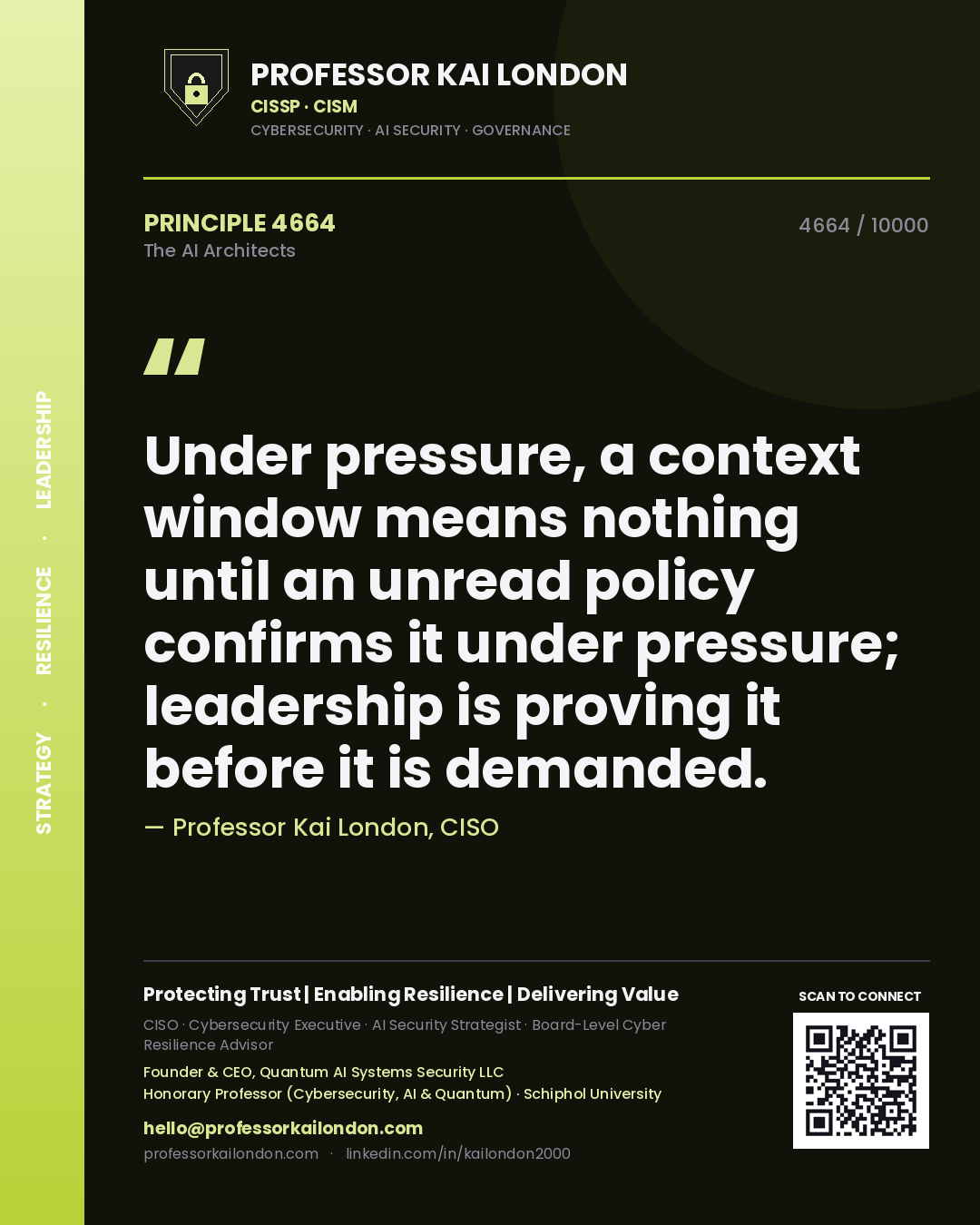 Quote card by Professor Kai London reading 'Under pressure, a context window means nothing until an unread policy confirms it under pressure; leadership is proving it before it is demanded.'. From the book The AI Architects.