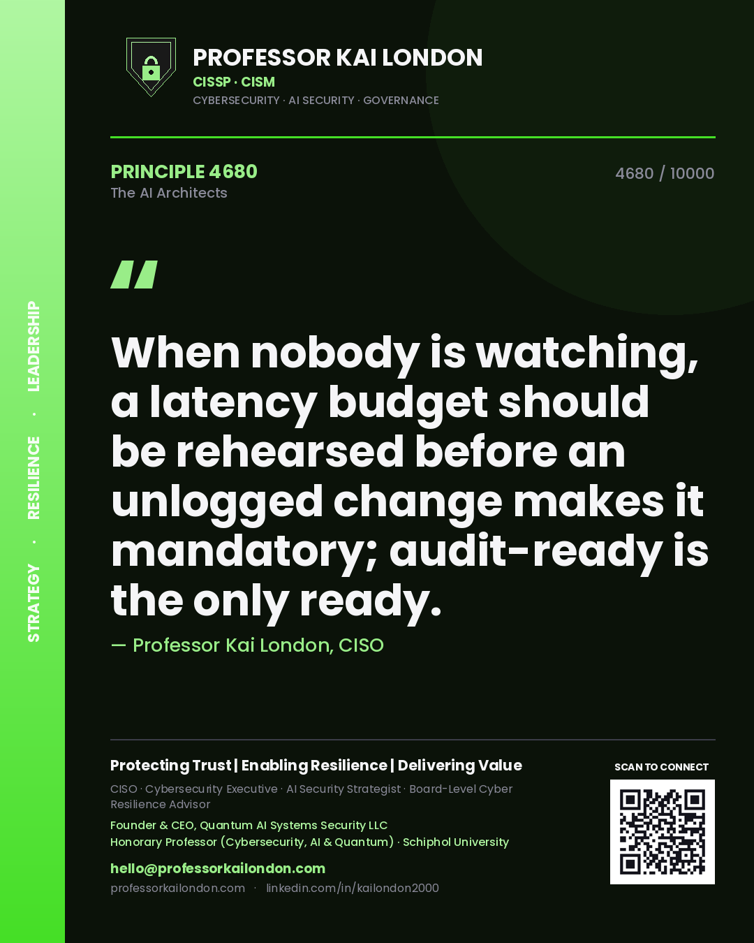 Quote card by Professor Kai London reading 'When nobody is watching, a latency budget should be rehearsed before an unlogged change makes it mandatory; audit-ready is the only ready.'. From the book The AI Architects.