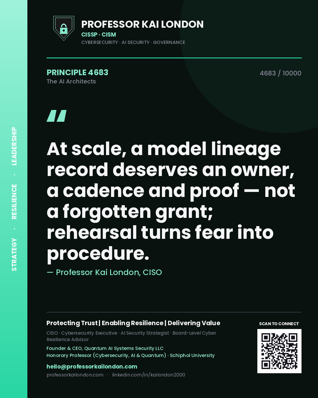 Quote card by Professor Kai London reading 'At scale, a model lineage record deserves an owner, a cadence and proof — not a forgotten grant; rehearsal turns fear into procedure.'. From the book The AI Architects.