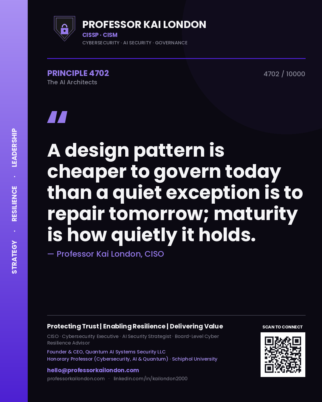 Quote card by Professor Kai London reading 'A design pattern is cheaper to govern today than a quiet exception is to repair tomorrow; maturity is how quietly it holds.'. From the book The AI Architects.