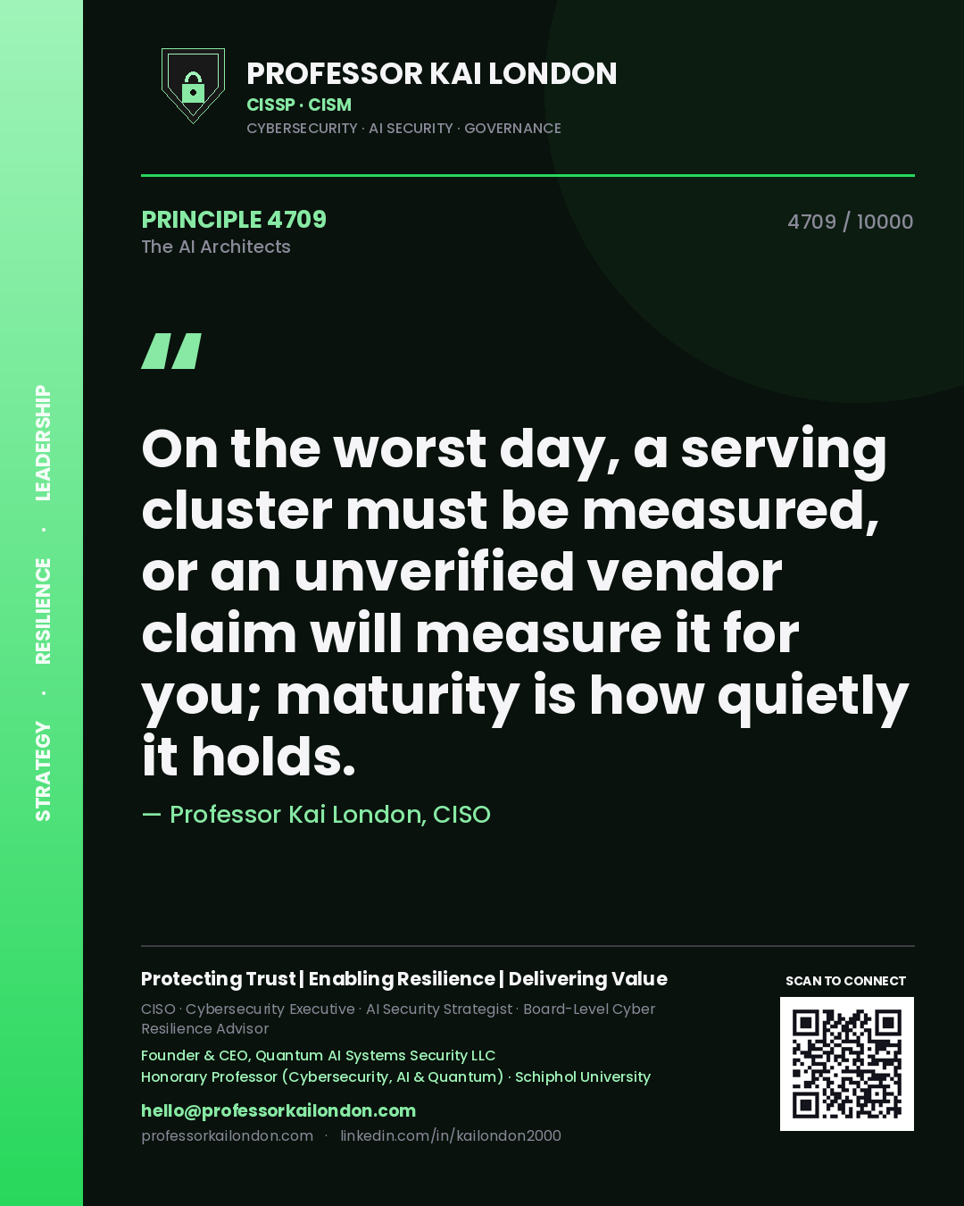 Professor Kai London principle 4709: On the worst day, a serving cluster must be measured, or an unverified vendor claim will measure it for you; maturity is how quietly it holds.
