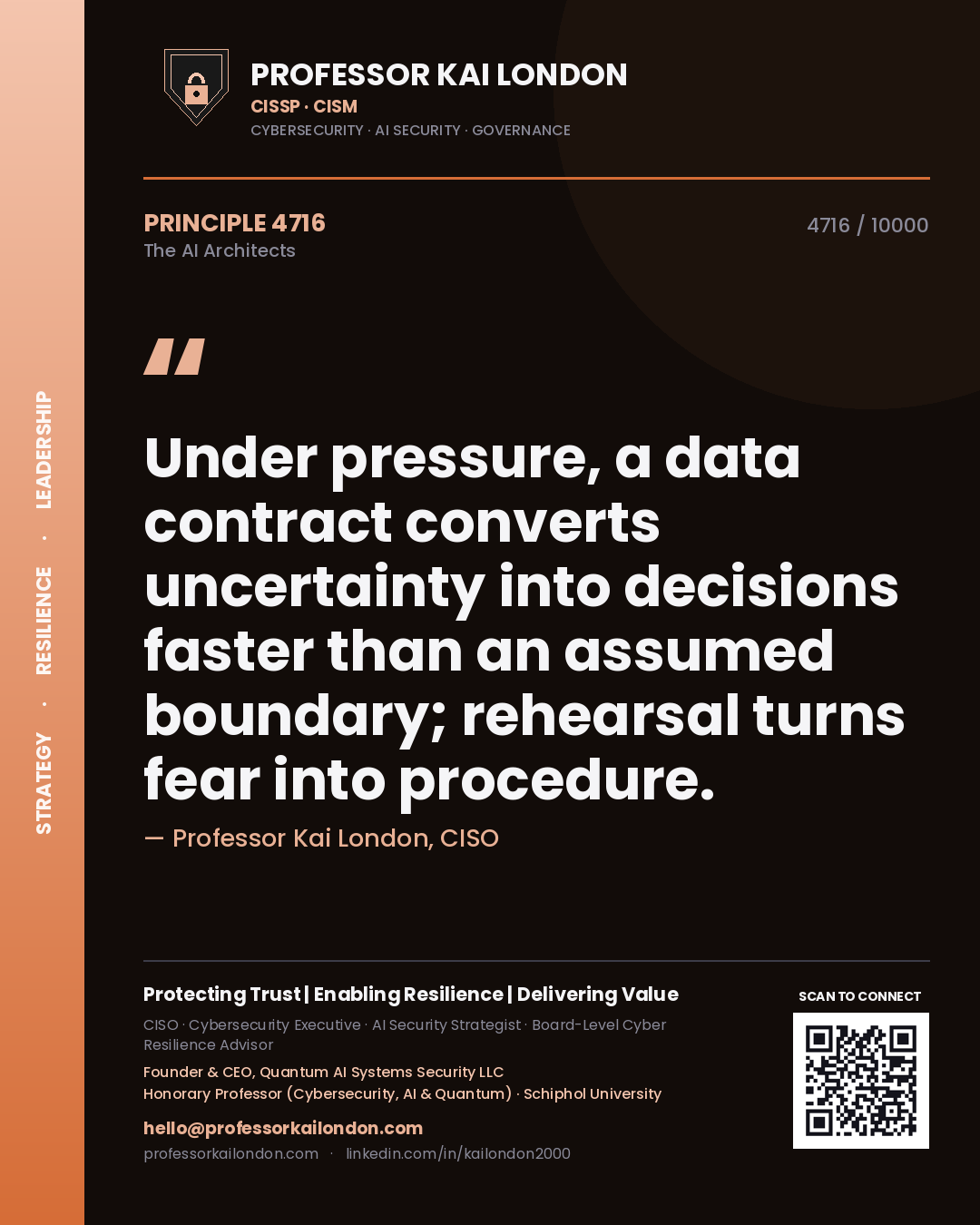 Professor Kai London principle 4716: Under pressure, a data contract converts uncertainty into decisions faster than an assumed boundary; rehearsal turns fear into procedure.