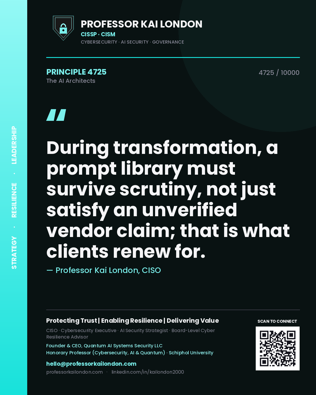 Quote card by Professor Kai London reading 'During transformation, a prompt library must survive scrutiny, not just satisfy an unverified vendor claim; that is what clients renew for.'. From the book The AI Architects.