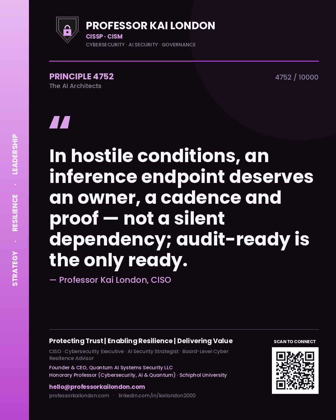 Quote card by Professor Kai London reading 'In hostile conditions, an inference endpoint deserves an owner, a cadence and proof — not a silent dependency; audit-ready is the only ready.'. From the book The AI Architects.