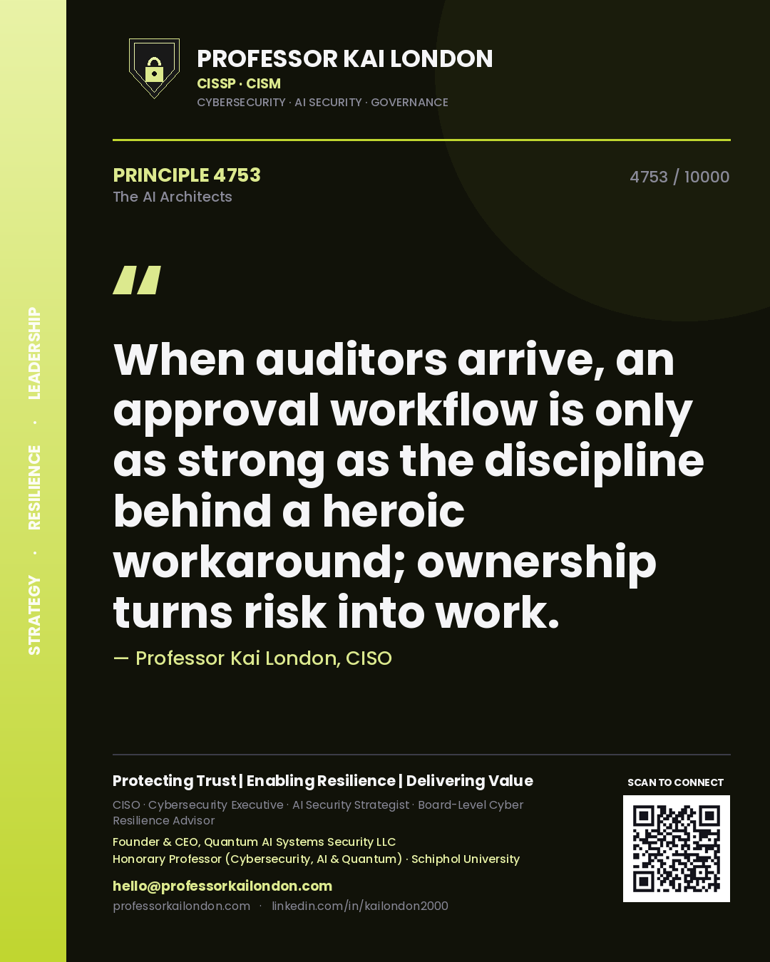 Professor Kai London principle 4753: When auditors arrive, an approval workflow is only as strong as the discipline behind a heroic workaround; ownership turns risk into work.