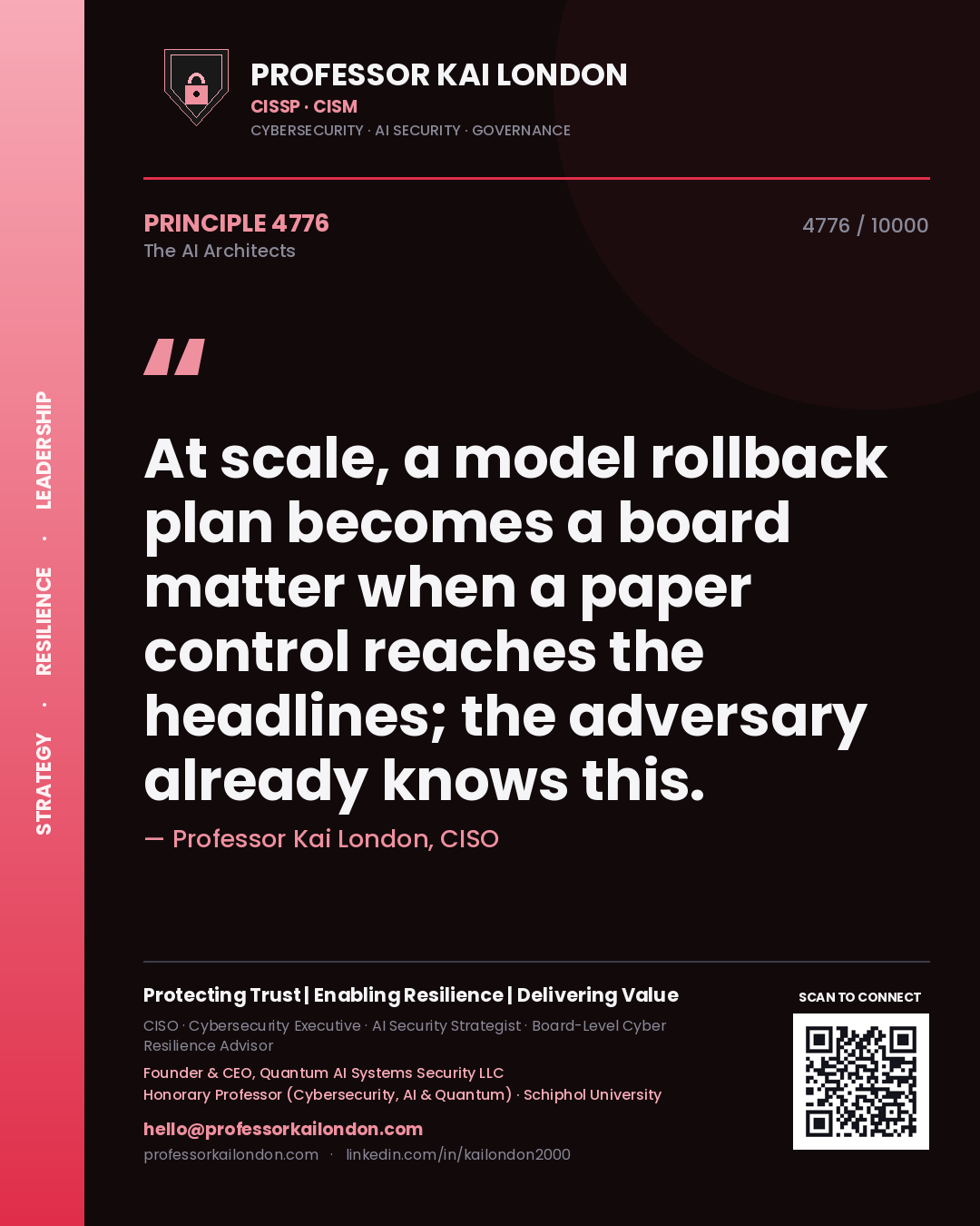 Professor Kai London principle 4776: At scale, a model rollback plan becomes a board matter when a paper control reaches the headlines; the adversary already knows this.