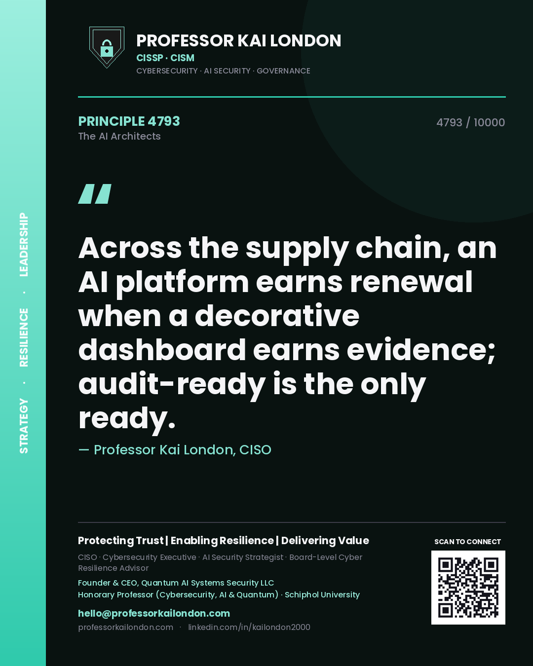 Professor Kai London principle 4793: Across the supply chain, an AI platform earns renewal when a decorative dashboard earns evidence; audit-ready is the only ready.