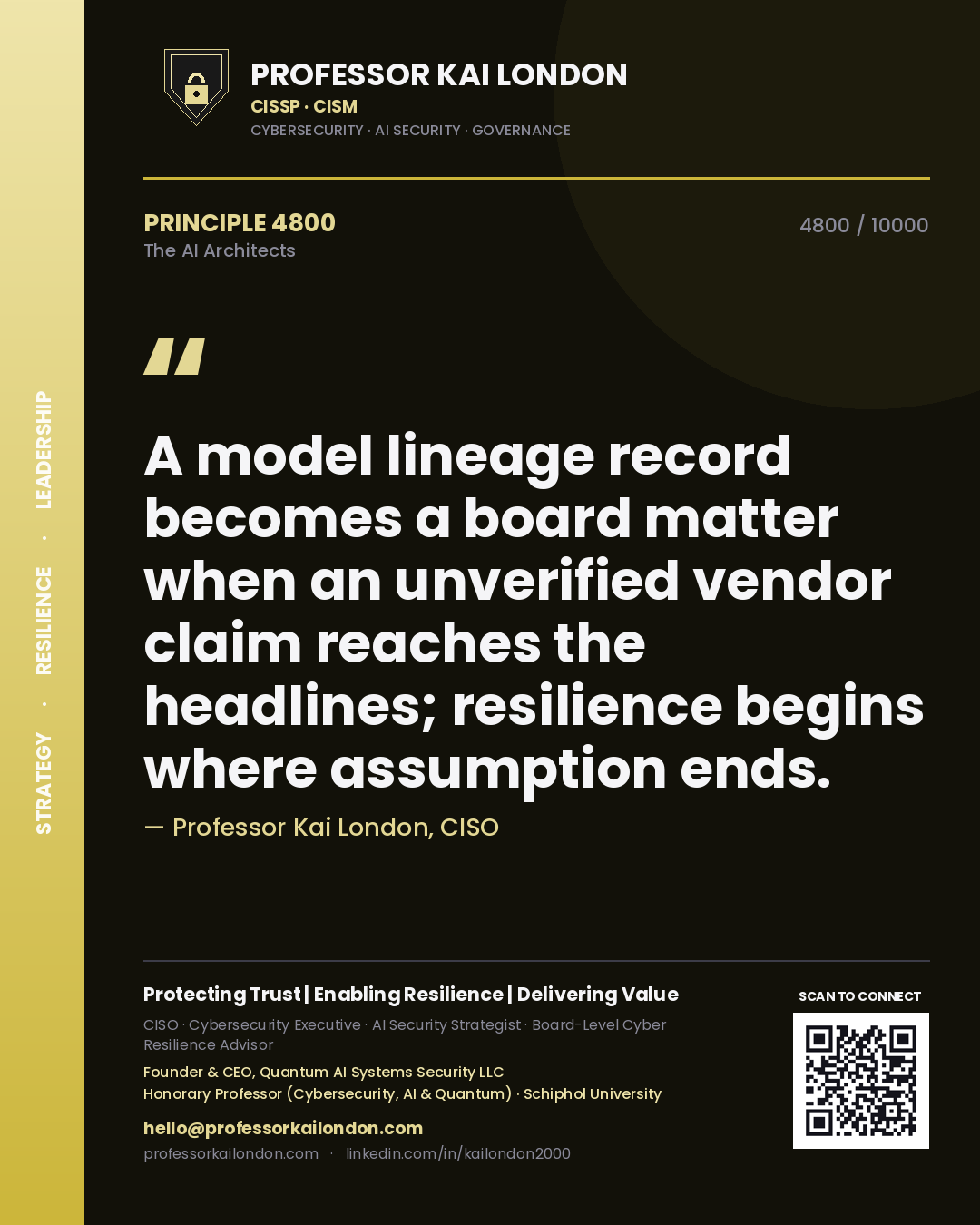 Professor Kai London principle 4800: A model lineage record becomes a board matter when an unverified vendor claim reaches the headlines; resilience begins where assumption ends.