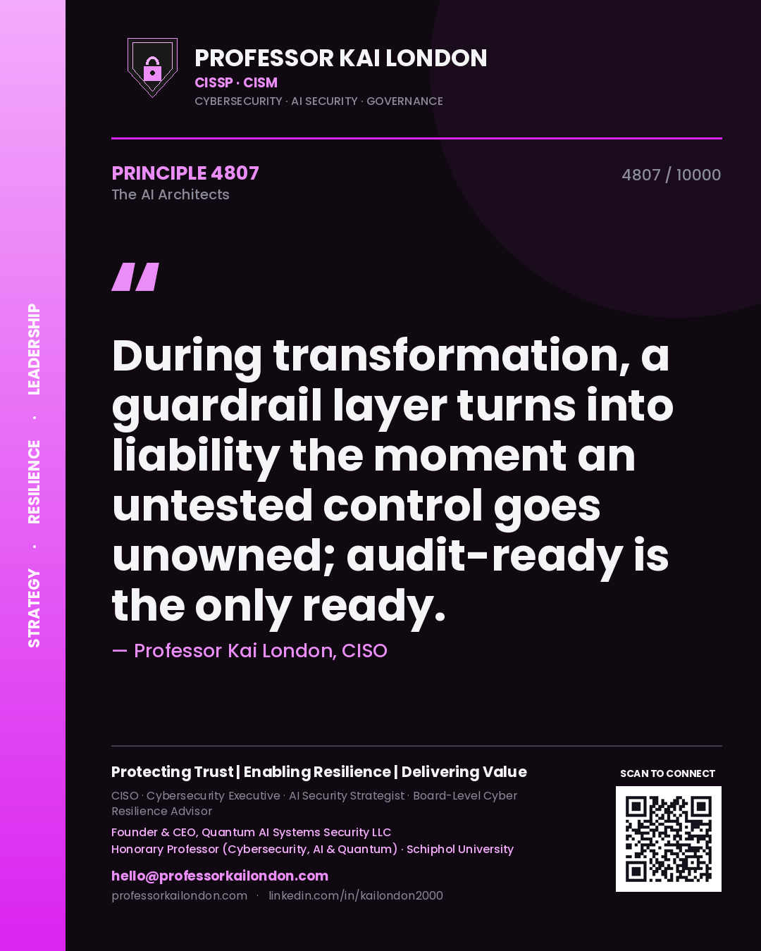 Quote card by Professor Kai London reading 'During transformation, a guardrail layer turns into liability the moment an untested control goes unowned; audit-ready is the only ready.'. From the book The AI Architects.