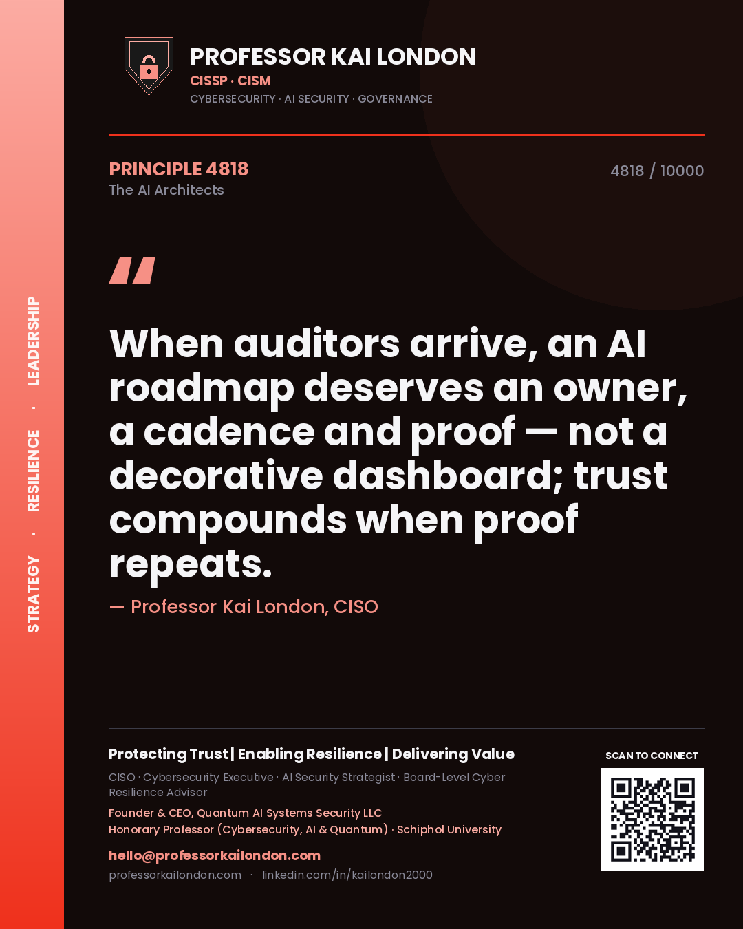 Quote card by Professor Kai London reading 'When auditors arrive, an AI roadmap deserves an owner, a cadence and proof — not a decorative dashboard; trust compounds when proof repeats.'. From the book The AI Architects.