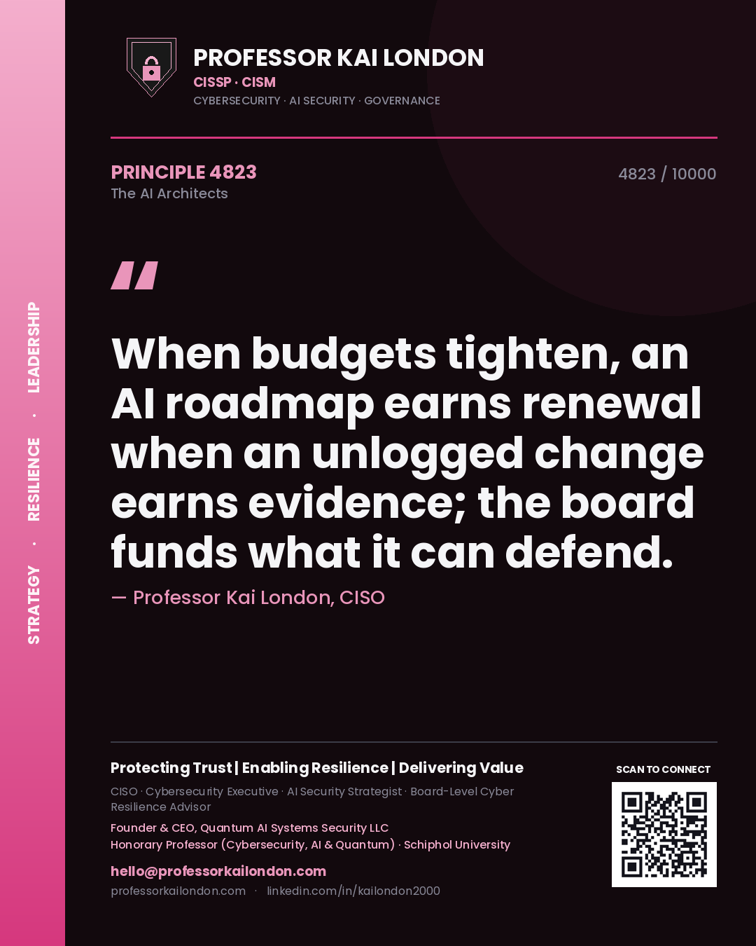 Quote card by Professor Kai London reading 'When budgets tighten, an AI roadmap earns renewal when an unlogged change earns evidence; the board funds what it can defend.'. From the book The AI Architects.